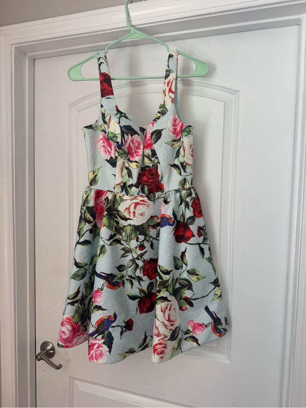 Sherri Hill Floral Jacquard Tank Dress - Light Blue & Red